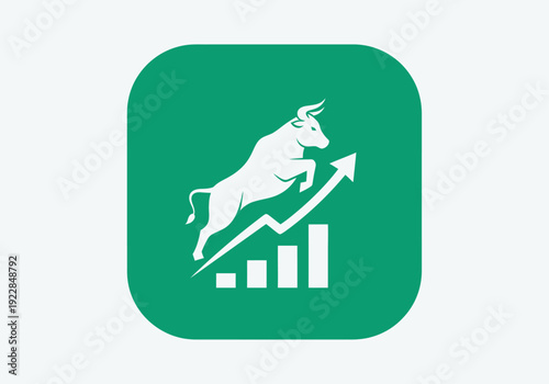 White bull jumping over an upward stock market graph on a green background, symbolizing financial growth and bullish trends.