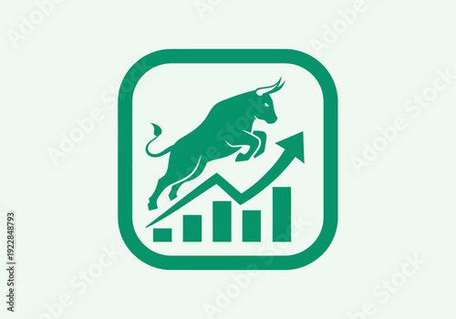 A green bull jumping over a rising stock market graph, symbolizing financial growth and success.