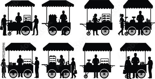 Vector Illustration Set of Street Food Stall Silhouettes with Vendors and Customers for Outdoor Market Festival Fair Business and Urban Lifestyle Graphic Designs
