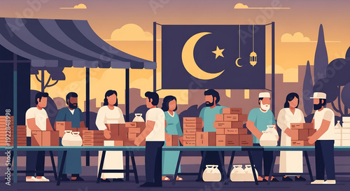 Diverse community volunteers unite to pack and distribute essential aid at a festive outdoor charity event, symbolizing compassion, solidarity, and cultural celebration