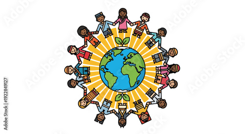 Illustration of diverse children holding hands around the Earth on a sunny Earth Day with a colorful, optimistic mood and a flat design style.