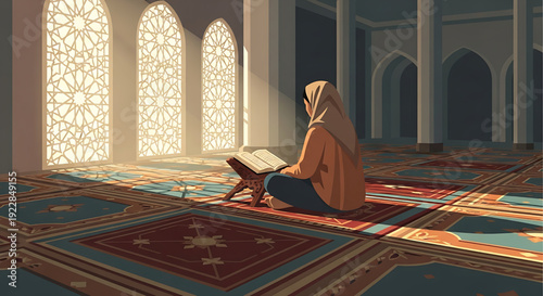 A Muslim Woman in Hijab Reading the Quran in a Mosque with Geometric Window Patterns