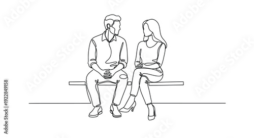 continuous line couple sitting on bench talking with smartphones. minimalist communication vector illustration