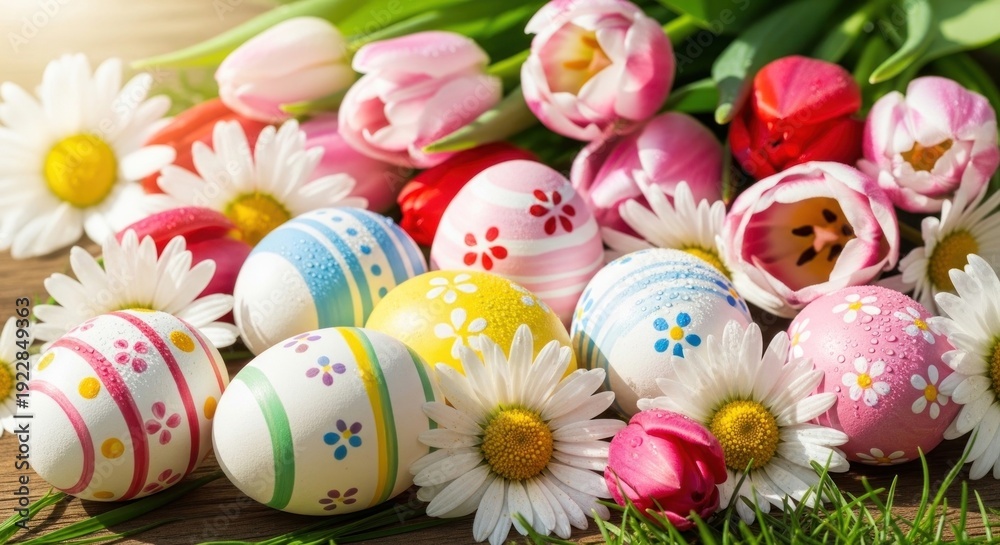 Fototapeta premium Vibrant Easter eggs nestle among fresh pink tulips and white daisies on grass.