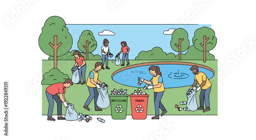 Illustration of diverse group of people collecting trash and recycling in a park on Earth Day with a serene pond and trees in the background.