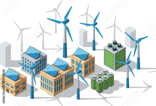Sustainable cityscape with wind turbines and solar panels on buildings, promoting renewable energy and eco-friendly architecture
