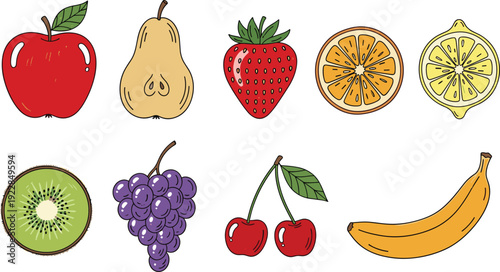 Colorful fruit vector set with apple pear strawberry orange lemon kiwi grapes cherry and banana for healthy food design illustrations.