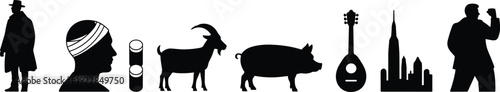 Black silhouettes of people animals on white background