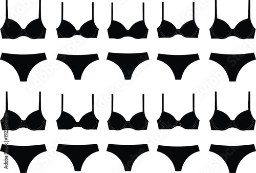 Women lingerie and underwear vector set, black silhouette bra and panties collection, minimalist intimate apparel icons, isolated fashion template illustration