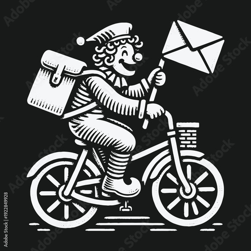 Whimsical Postman on Bicycle Delivering Mail with Joyful Expression.