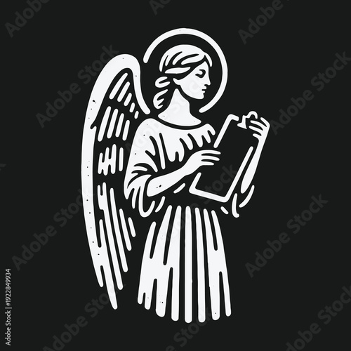 Angel with Wings Reading a Book in Black and White.