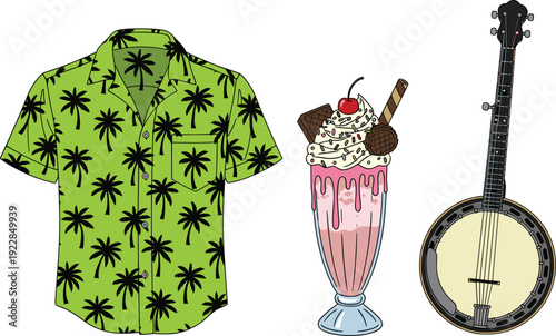 Tropical Lifestyle Vector Illustration Set with Green Palm Tree Print Hawaiian Shirt, Pink Strawberry Milkshake, and Folk Music Banjo Instrument Graphics