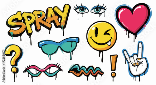 Graffiti Art Elements Collection with Spray Word and Icons.