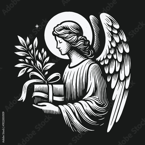 Angel with Gift and Olive Branch in Engraving Style.