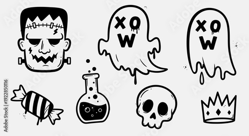 Halloween Icons Set Frankenstein Ghost Skull Candy Potion Crown.