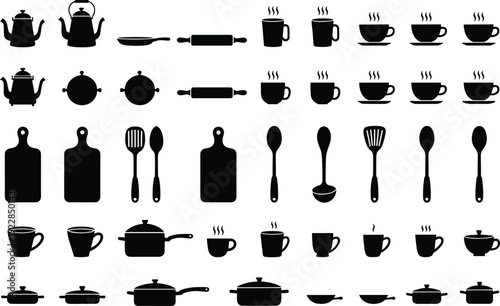 Kitchen cookware and coffee cups vector icons set, black silhouette utensils collection, pots pans teapots cutlery illustration, isolated cooking equipment  
