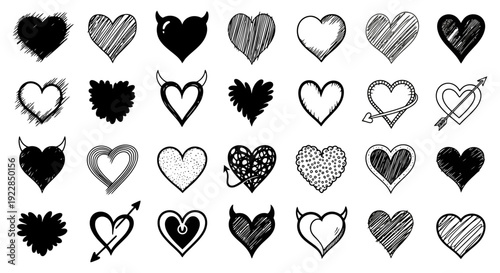 Collection of Diverse Hand Drawn Heart Illustrations.
