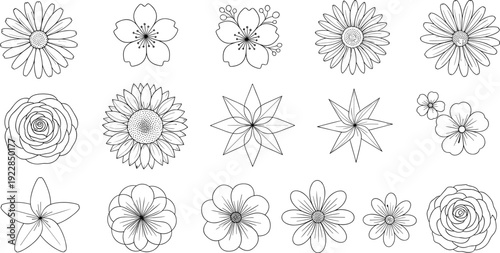 Floral head icon collection with various hand drawn flower sketches including roses daisies and sunflowers for spring garden vector designs.