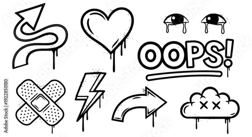 Graffiti Style Icons Set with Drips and Bold Lines.