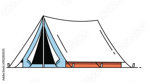 Classic white canvas camping tent stands ready for an outdoor adventure under a clear sky during a peaceful summer trip.