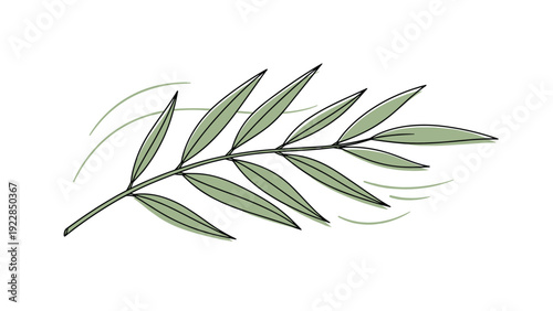 Single green leaf branch with thin pointed foliage floats gracefully with subtle grey swooshes to represent gentle wind or movement.