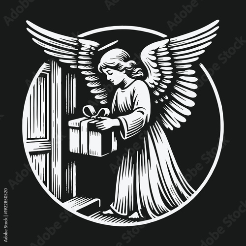 Angel Delivering Gift at Doorway in Black and White.