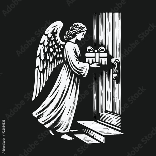 Angel delivering a gift to a doorstep in monochrome.
