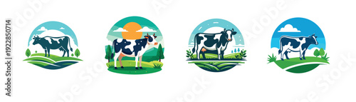 Dairy farm animal emblems set featuring Holstein cows in natural landscape designs ideal for milk product packaging and agricultural business branding