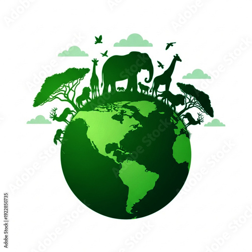 Green Planet Earth with Silhouettes of African Animals and Trees Symbolizing Wildlife Conservation and Nature