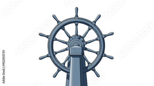 Classic wooden ship steering wheel used for steering a nautical vessel is shown in a front view with many handles and a sturdy post.