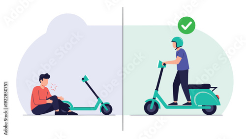 Educational comparison shows a rider falling off an electric scooter due to lack of gear versus a safe rider with a helmet and motor scooter.