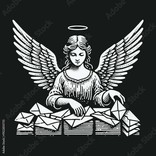 Angel of Letters: A Serene Guardian Sorting Correspondence.