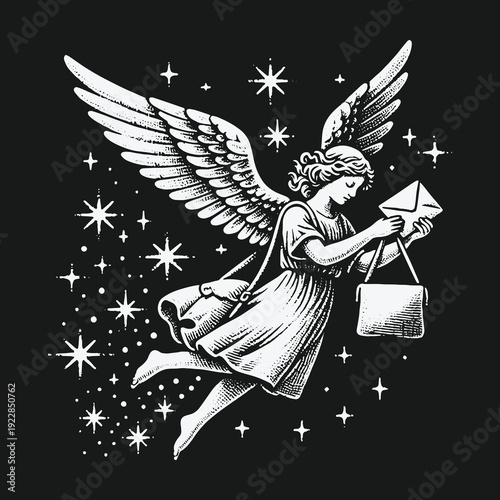 Angel Postman Delivering Letters with Celestial Wings and Starry Trail.