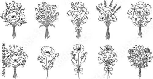 Set, of, hand, drawn, flower, bouquet, illustrations, black, and, white, floral, vector, icons, isolated, on, white, background, nature, design, elements