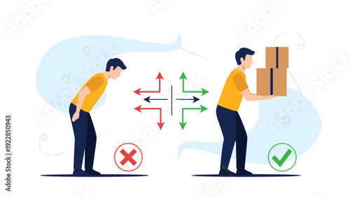 Informative illustration compares the wrong way to lift heavy boxes by bending the back with the correct way using legs and straight posture.