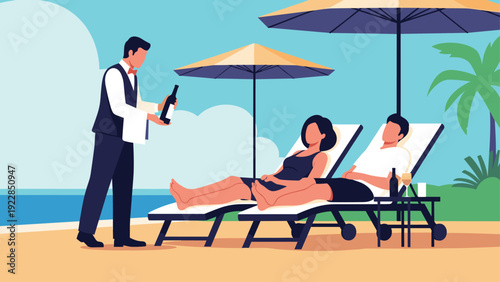 Professional waiter serves a bottle of wine to a couple relaxing on lounge chairs under umbrellas at a beautiful tropical beach resort.