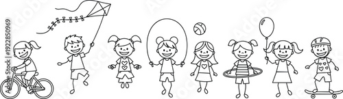 Children playing with toys and sports equipment in black and white kids cartoon line playful
