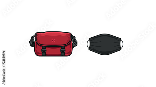 Red cross-body shoulder bag and black reusable fabric face mask illustration, essential modern travel and health accessories.