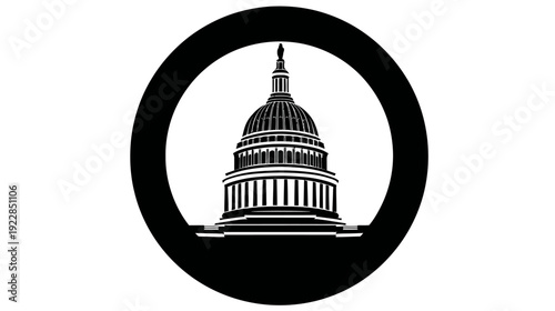 Iconic government building with domed architecture. Symbol of law, politics, and administration in black and white.