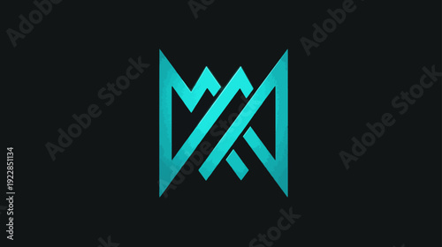 Modern abstract geometric logo design with sharp angles and intersecting lines in vibrant turquoise on a dark background, digital art