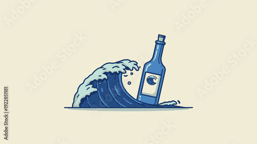 Stylized blue glass bottle floating on a powerful ocean wave, minimalist vector illustration with a nautical theme
