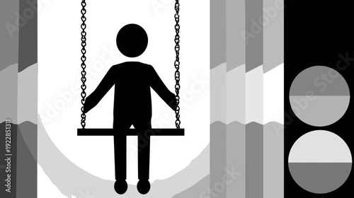 Abstract black and white silhouette of a person on a swing, minimalist graphic design with monochromatic gradients and geometric shapes.