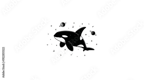 Whimsical Orca Whale Exploring Outer Space with Planets and Starry Background. Cute Marine Animal in Cosmic Environment
