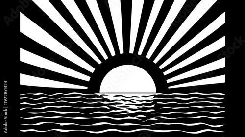 Stylized black and white graphic of sunrise or sunset over water, radiating sunbeams and abstract wavy sea pattern.
