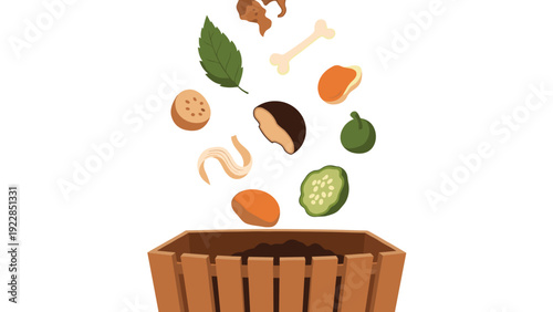 Various food scraps like bones, leaves, and vegetable peelings fall into a wooden compost bin to be recycled into organic soil.