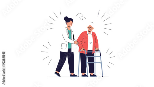 Kind female medical professional helps an elderly woman walk using a silver walker frame with radiating lines indicating light.