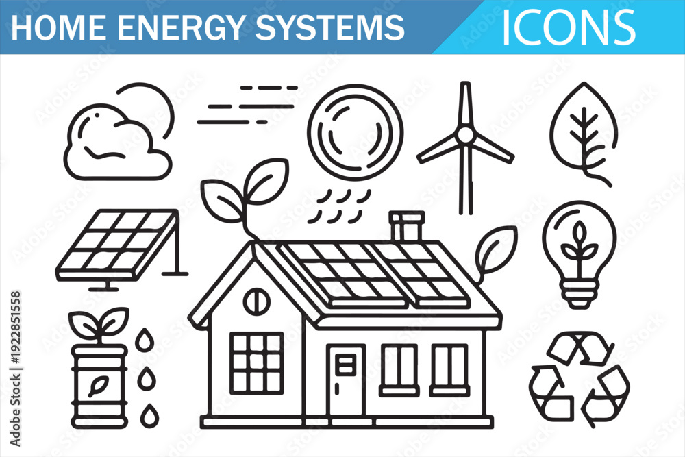 Fototapeta premium Renewable Home Energy Line Icon Set with Solar Panels Battery Storage and Wind Turbine