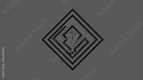 Abstract geometric maze symbol with intricate central element on dark background. Minimalist graphic design concept.