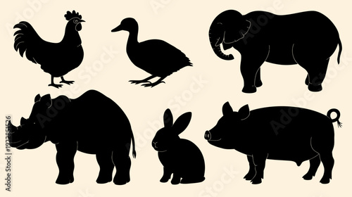 Diverse animal silhouettes set featuring farm and wild creatures: rooster, duck, elephant, rhino, rabbit, and pig on a light background.