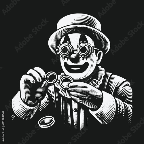 Steampunk Clown with Rings: A Vintage Engraving Illustration.